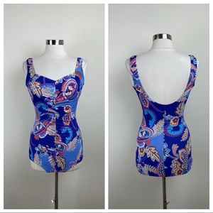 Maxine Of Hollywood Blue Purple Floral Paisley One Piece Swim Suit Women Size 12